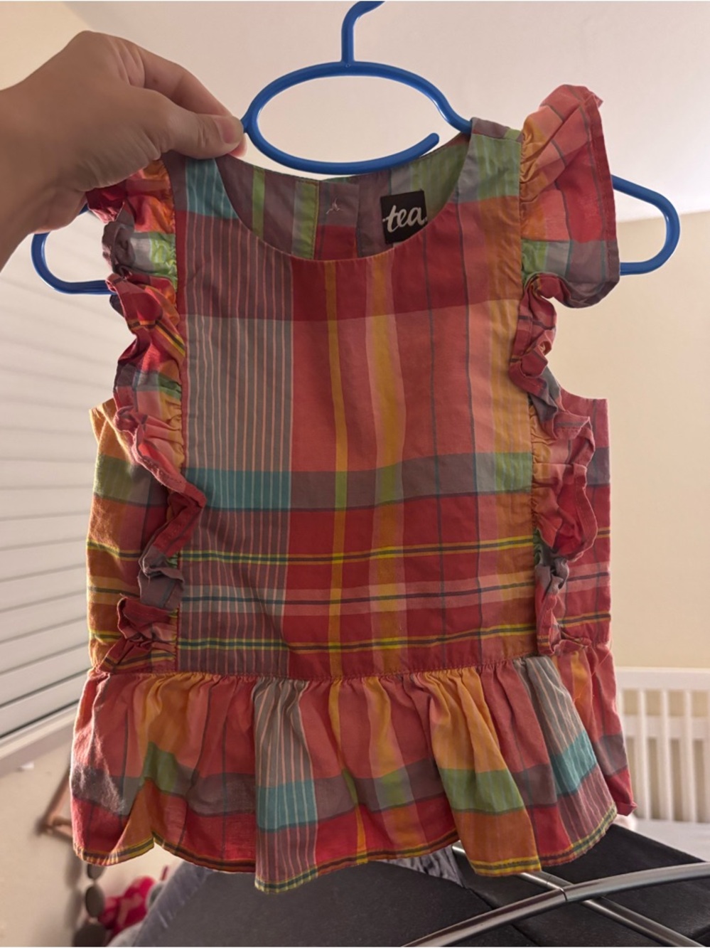 Tea Collection Girls' Coral Multi Plaid Ruffle Top